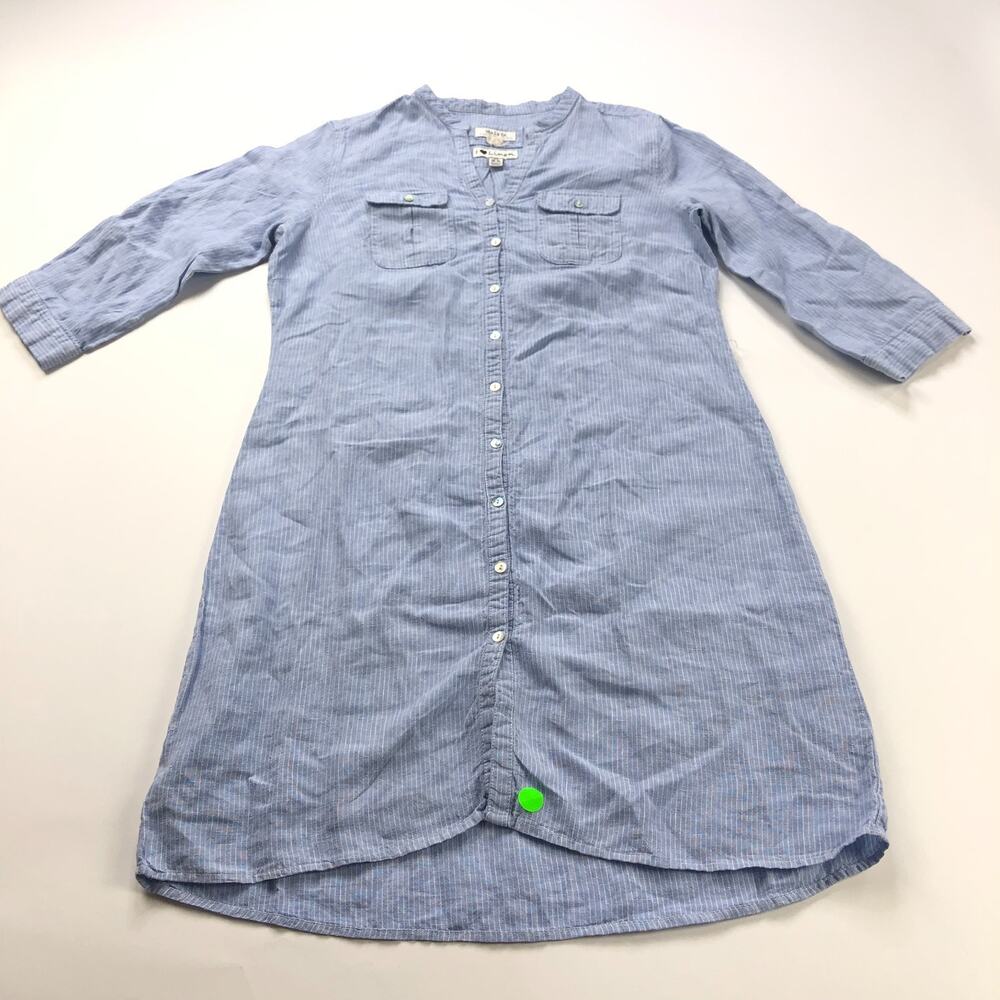 Malvin MED 100% Linen Button Mandarin V-Neck Mini Above Knee Dress Blue PLS READ
